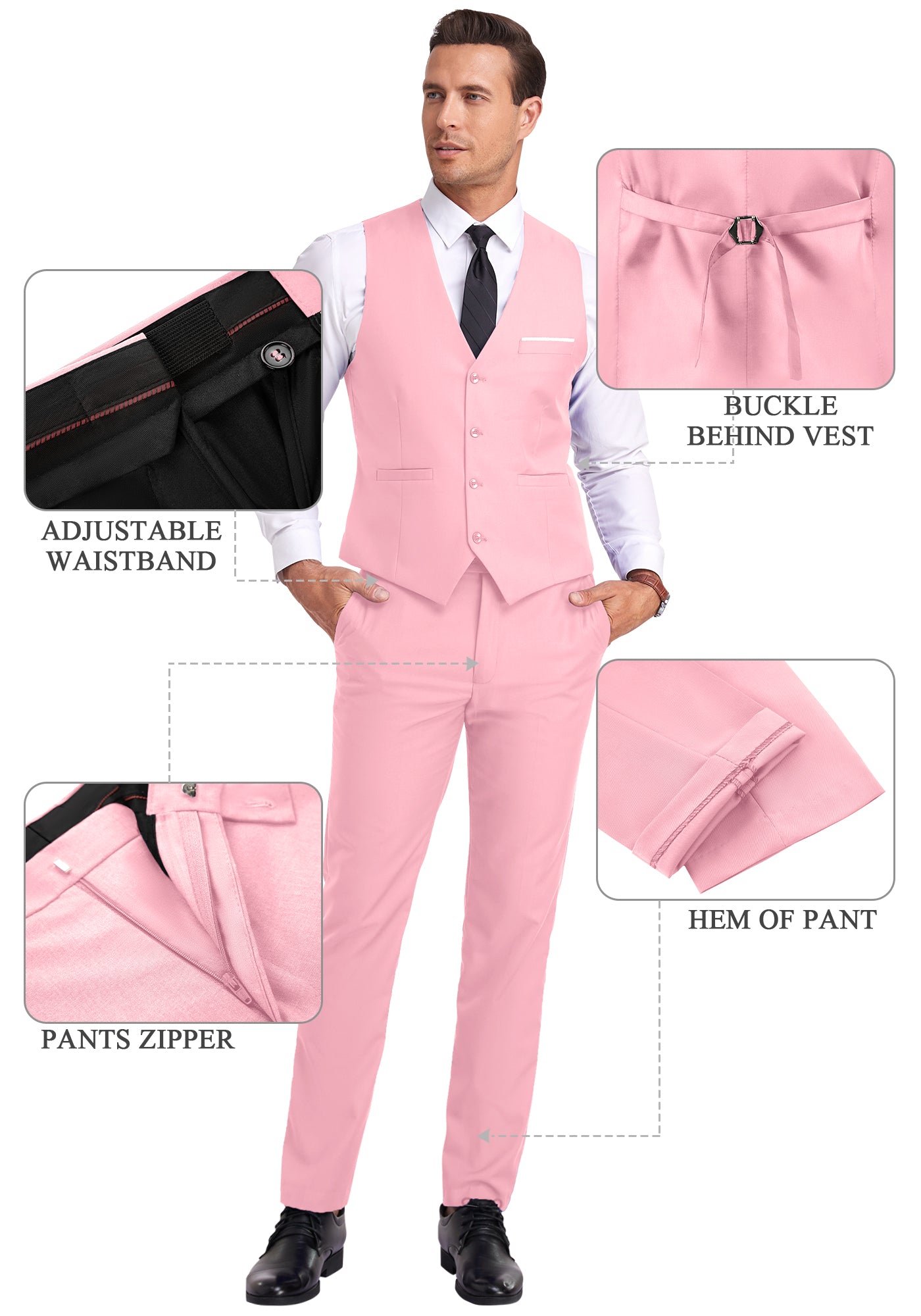 Three-angle view of model in pink suit from front, side, and rear, highlighting tailored fit