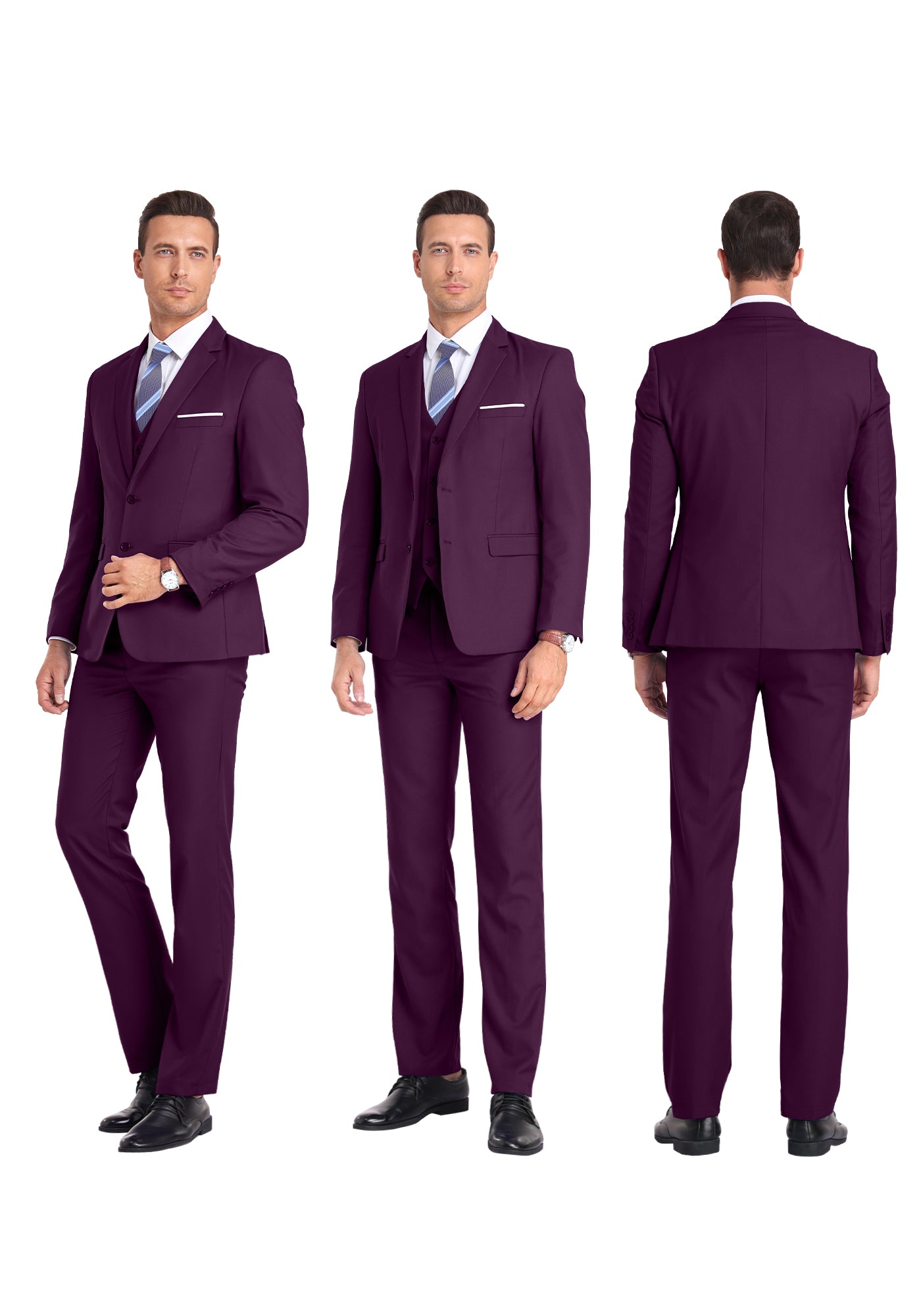 Three-angle view of model in plum suit from front, side, and rear, highlighting tailored fit