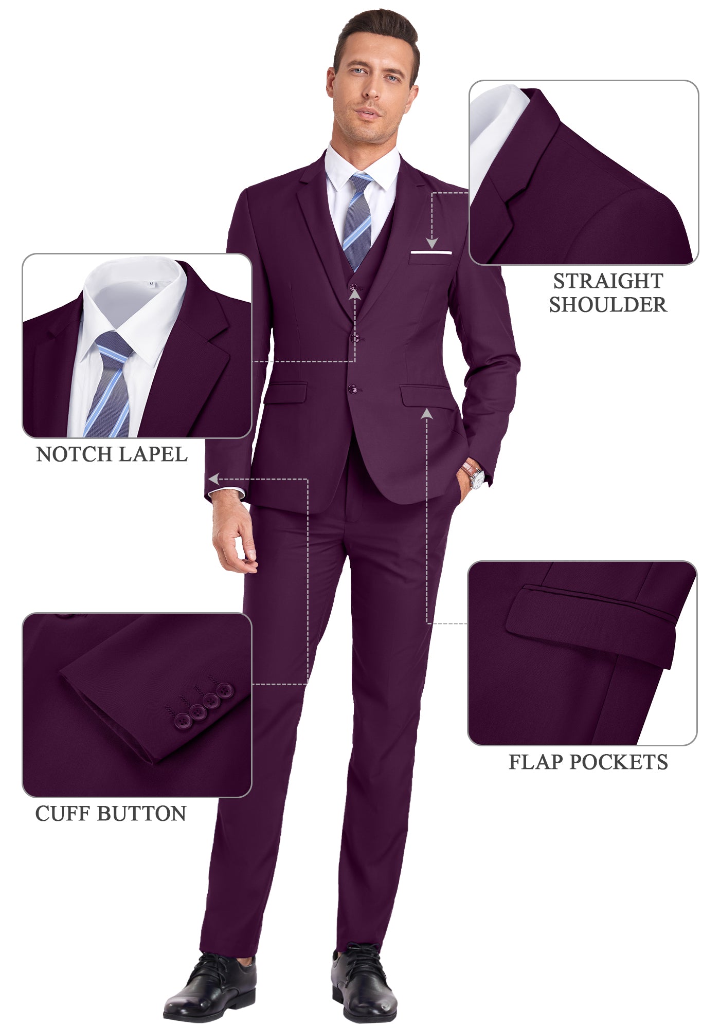 Feature callouts on plum suit showing notch lapel, flap pockets, cuff buttons, and shoulder cut