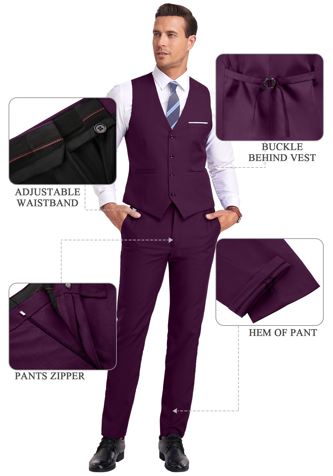 plum vest and pants displayed on model with zoom-in details on waistband, zipper, and vest buckle