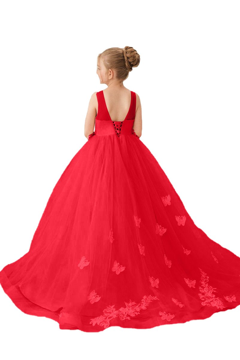 Wehilion Red Applique Tulle Princess Gown with Butterfly Embroidery for Girls