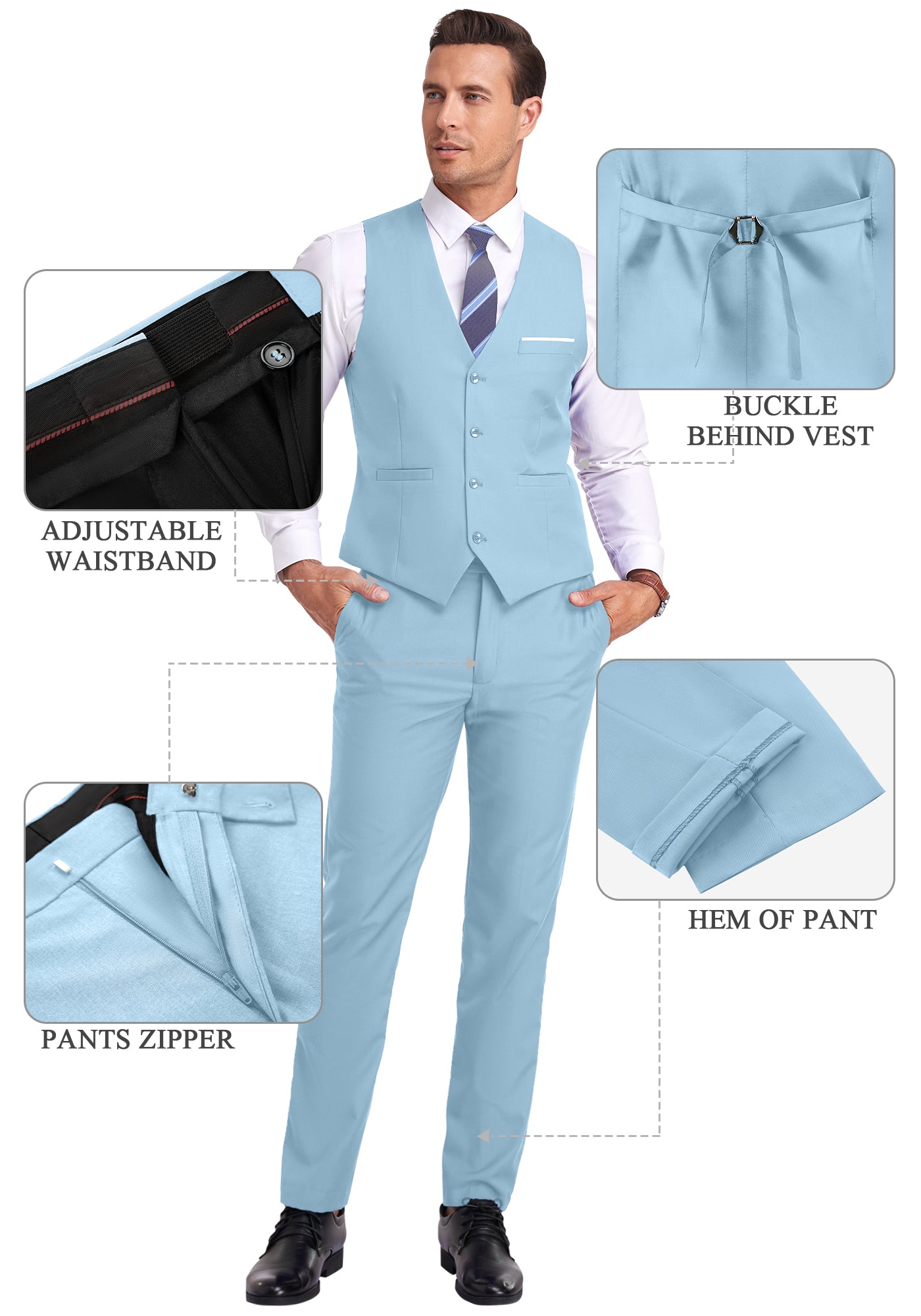 sky blue vest and pants displayed on model with zoom-in details on waistband, zipper, and vest buckle