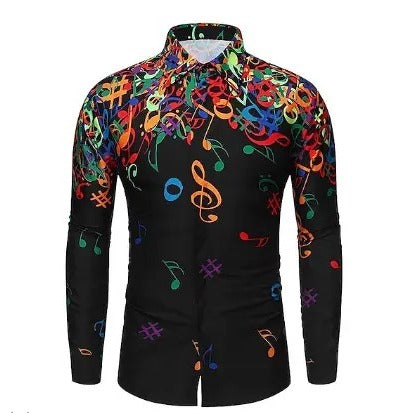 Long sleeve men’s shirt in black with vibrant musical notes – perfect for music lovers