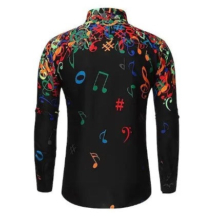 Back view of long sleeve black shirt with colorful notes – casual music-themed design