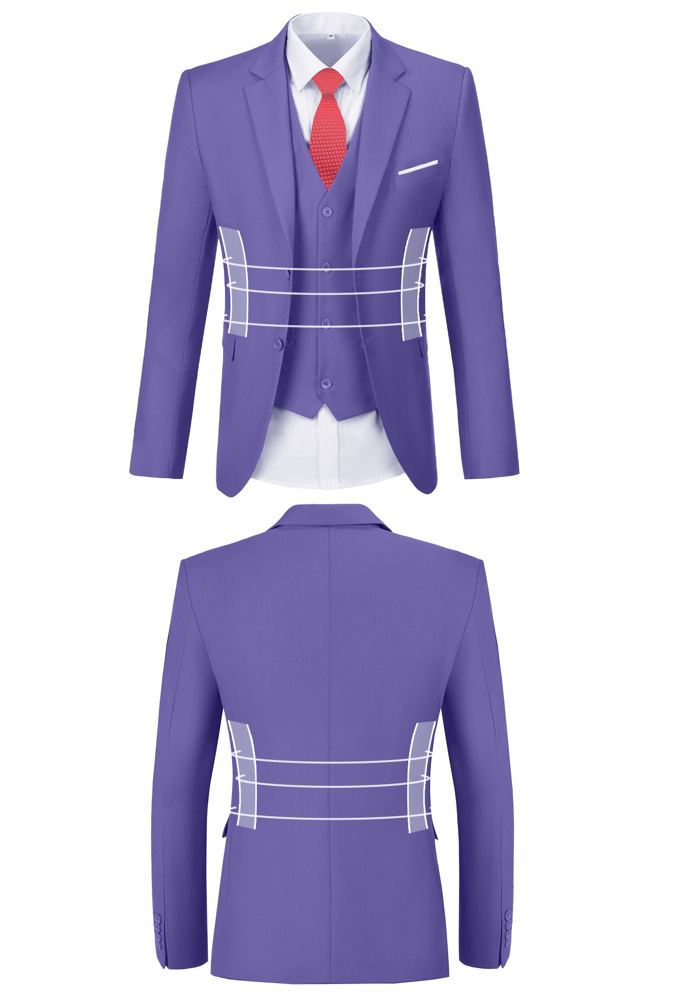 Front and back view of violet suit jacket showing fit, button, and stitching design