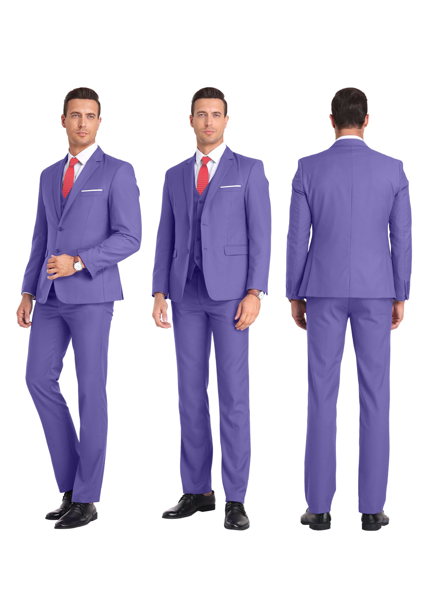 Three-angle view of model in violet suit from front, side, and rear, highlighting tailored fit