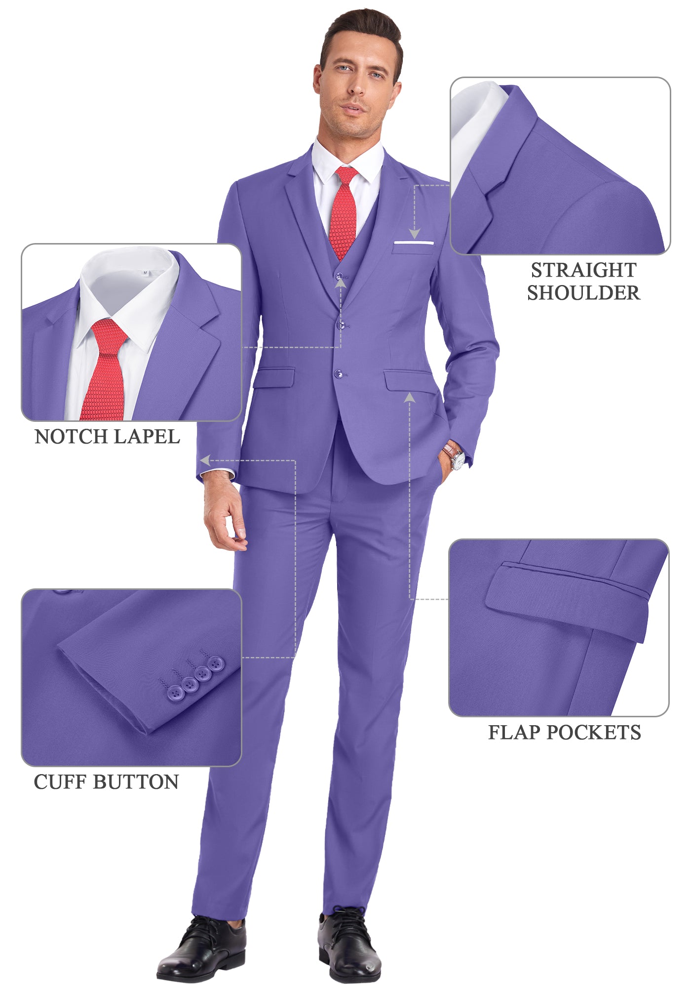 Feature callouts on violet suit showing notch lapel, flap pockets, cuff buttons, and shoulder cut
