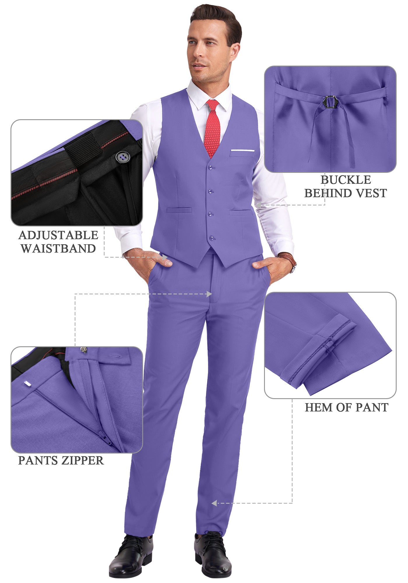violet vest and pants displayed on model with zoom-in details on waistband, zipper, and vest buckle
