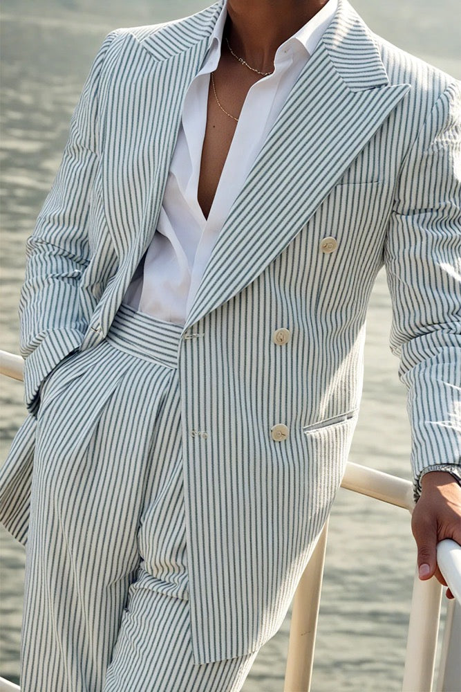 Seersucker Striped Double Breasted Blazer Pants 2 Piece Men's Summer Suit