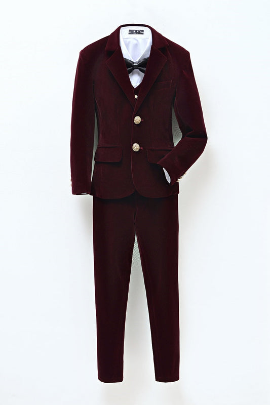 Burgundy Velvet 3 Piece Boy's Formal Boys Suits With Jacket Vest Pants