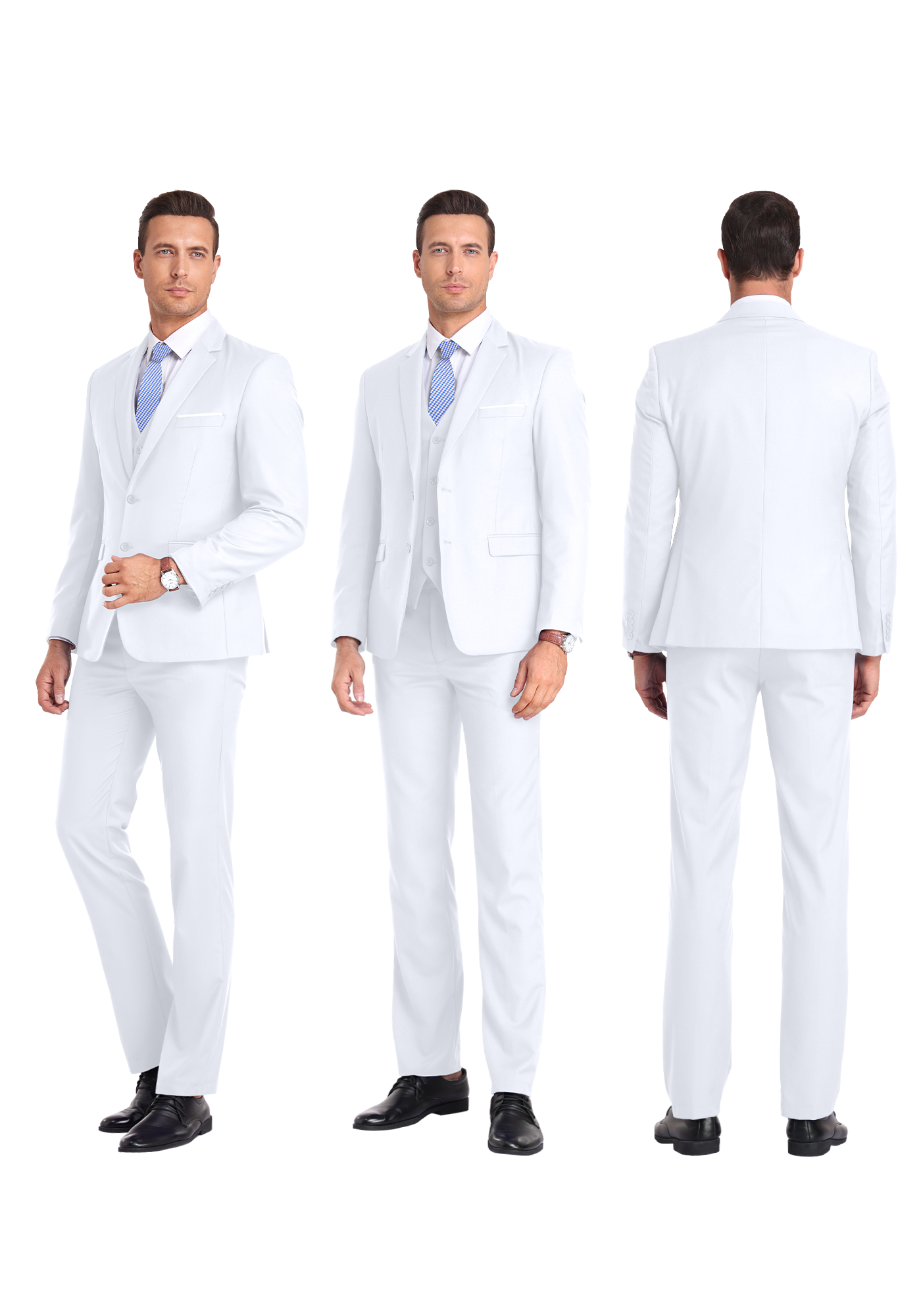 Three-angle view of model in white suit from front, side, and rear, highlighting tailored fit