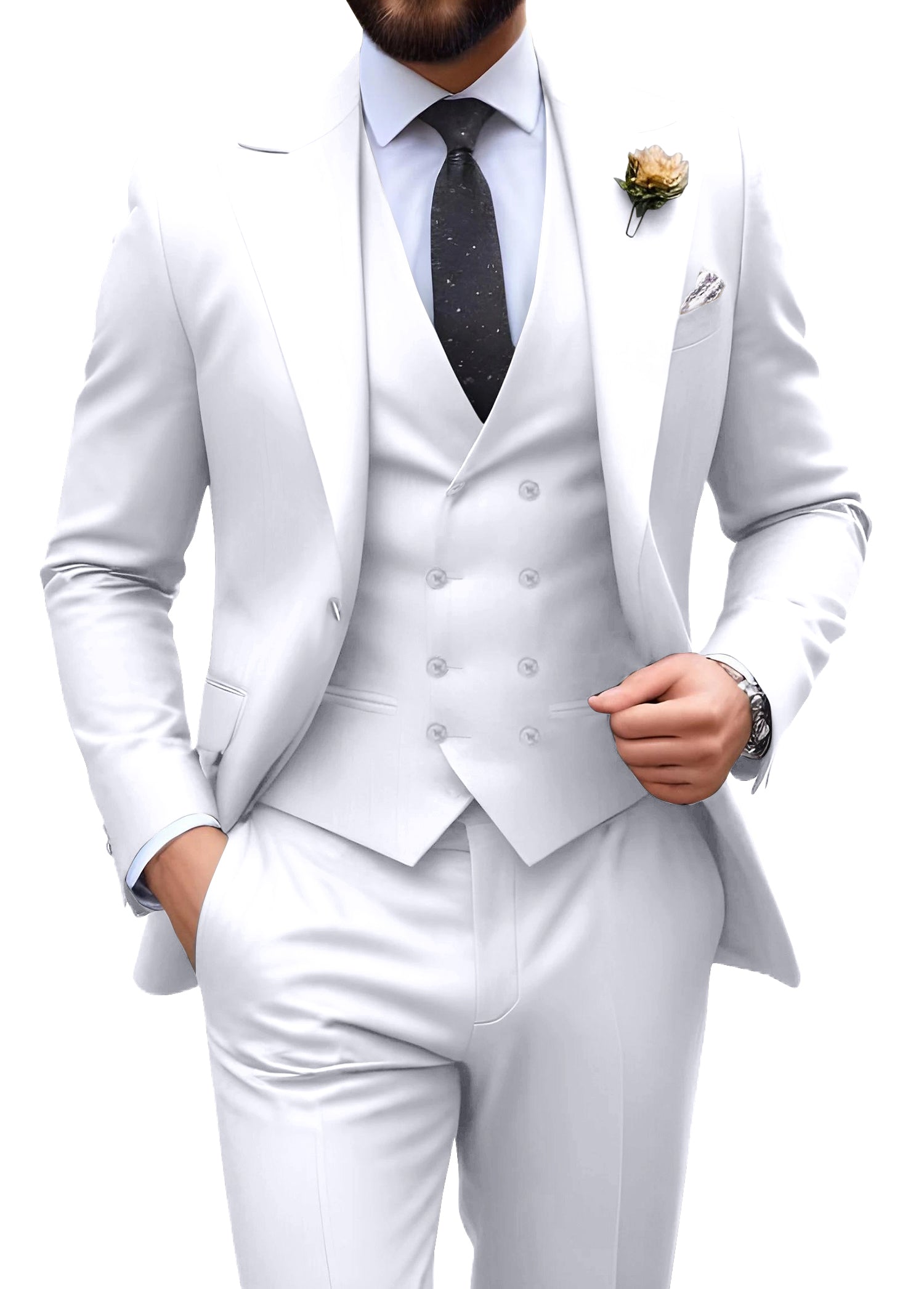 Men’s white tuxedo set with tailored fit blazer, formal vest, and dress pants – ideal for casual weddings or prom