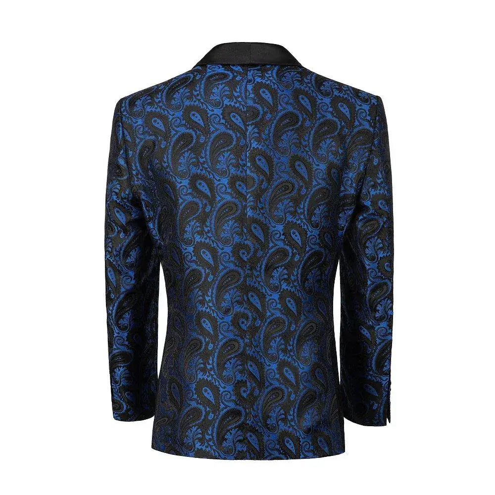 Back view of a royal blue paisley patterned blazer with black satin peak lapels.