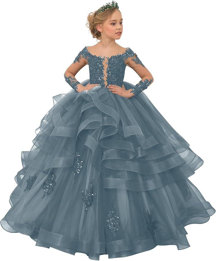Long Sleeve Flower Girl Dresses Lace Applique Princess Ruffles Tulle Party Gown
