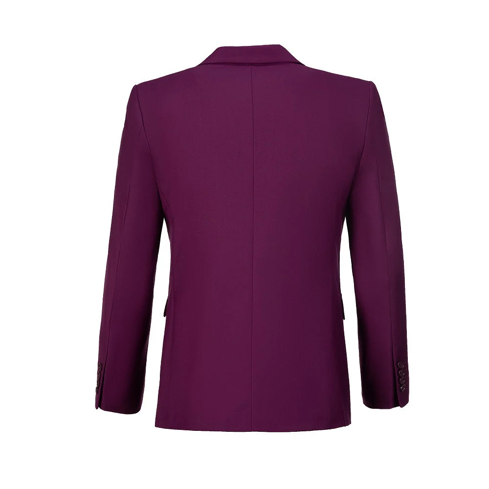 Men's purple two button blazer back view - slim fit center seam with four matching purple button cuffs formal jacket