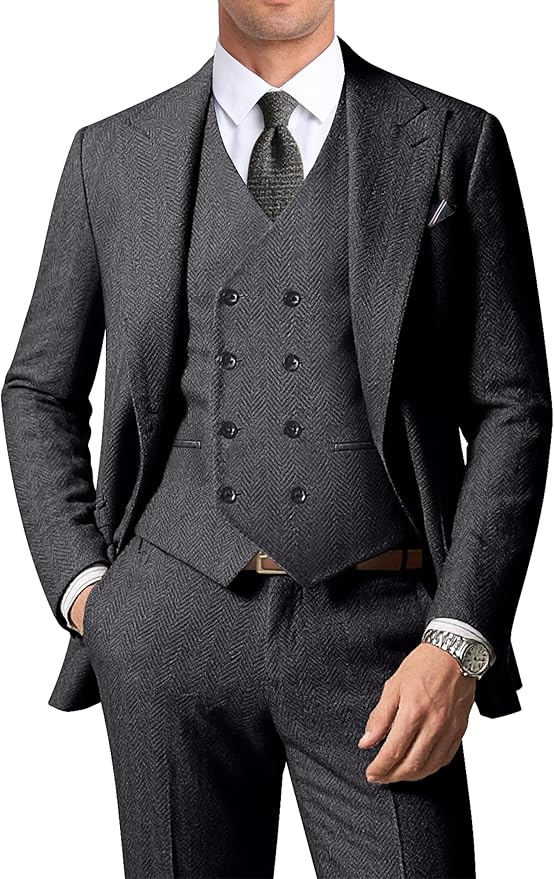 Men's Double Breasted Vest Herringbone 3 Piece Suits
