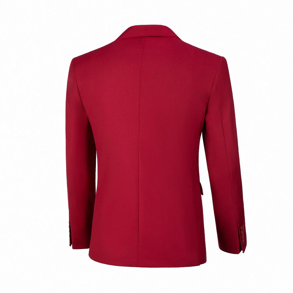 Men's red two button blazer back view - slim fit center seam with four red button cuffs formal jacket