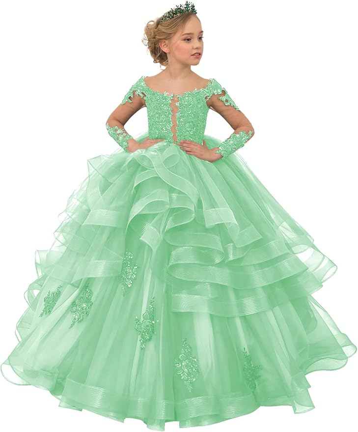 Long Sleeve Flower Girl Dresses Lace Applique Princess Ruffles Tulle Party Gown