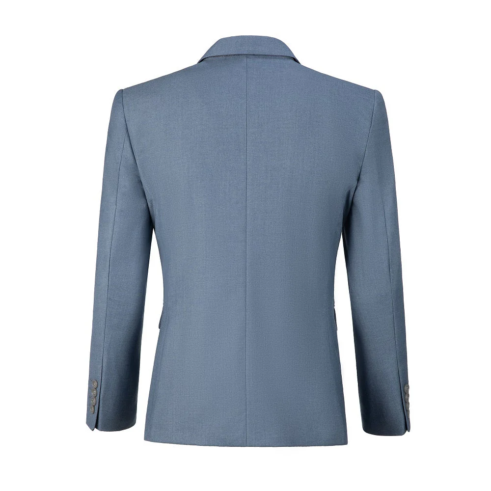 Men's denim blue two button blazer back view - slim fit center seam with four matching blue button cuffs formal jacket