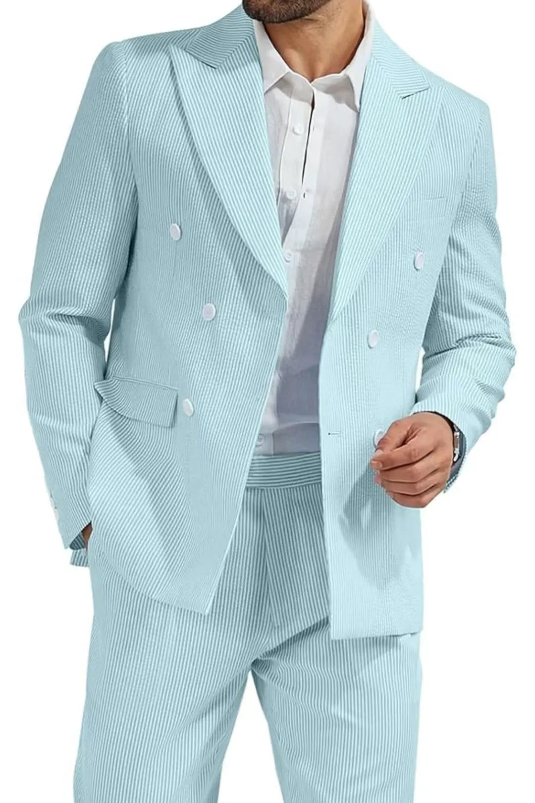 close-up of men's aqua blue double-breasted seersucker blazer with white buttons, showcasing striped fabric texture.