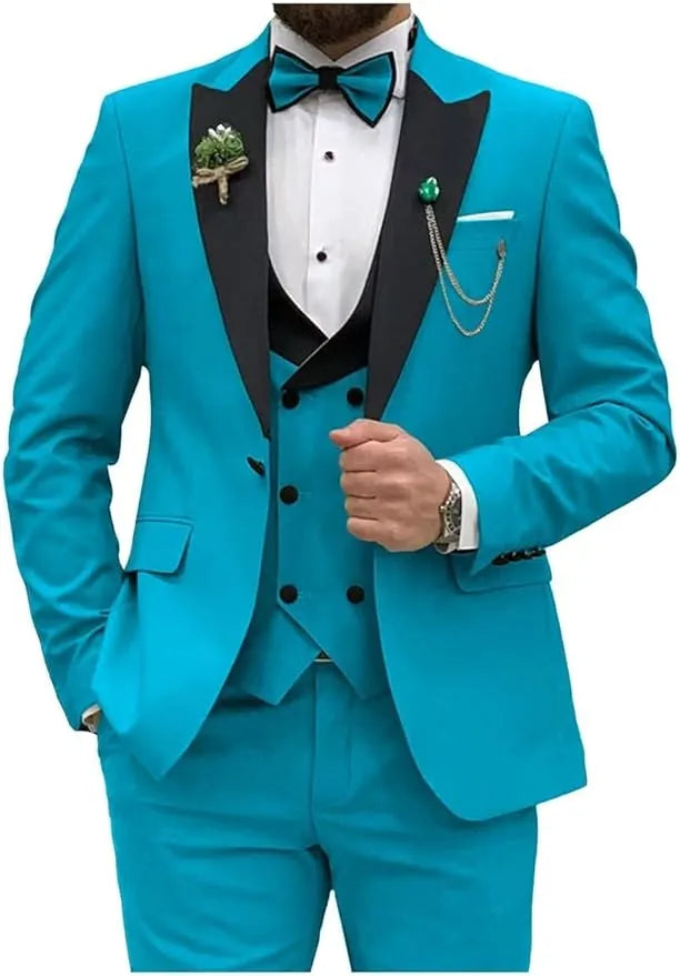 aqua slim fit tuxedo suit for prom with chain and boutonniere
