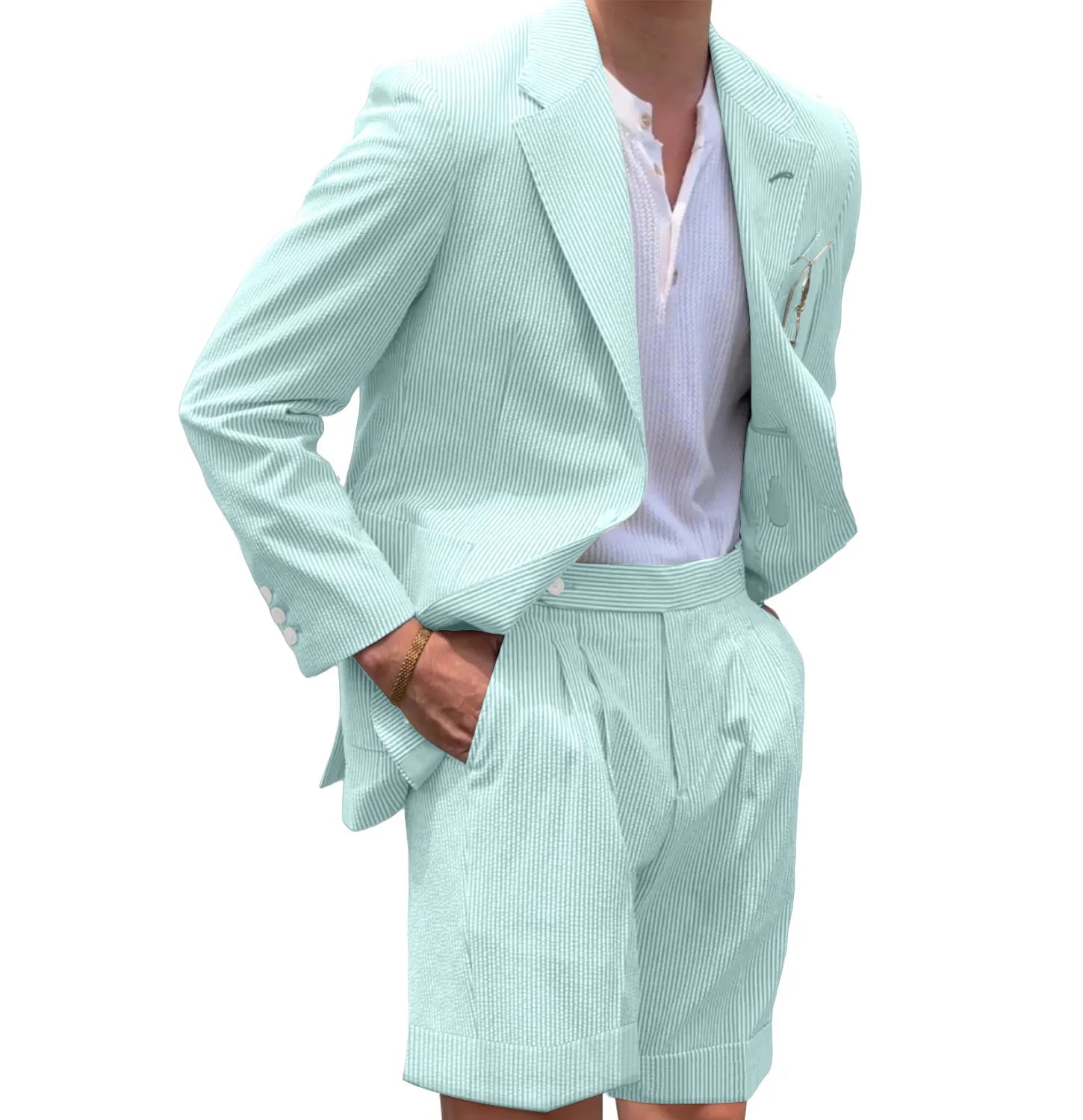 Aqua striped seersucker shorts suit for men – casual 2 piece summer outfit with blazer