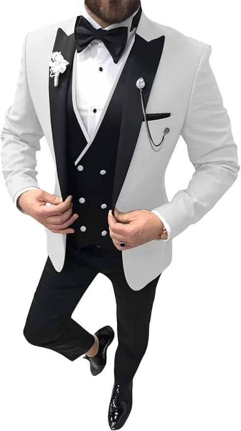 Men's White wedding tuxedo 3 piece suit with satin lapel – elegant prom dinner outfit