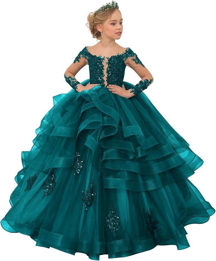 Long Sleeve Flower Girl Dresses Lace Applique Princess Ruffles Tulle Party Gown
