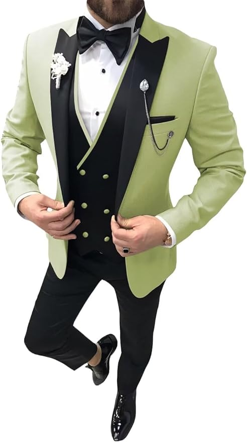 Men's Mint Green wedding tuxedo 3 piece suit with satin lapel – elegant prom dinner outfit