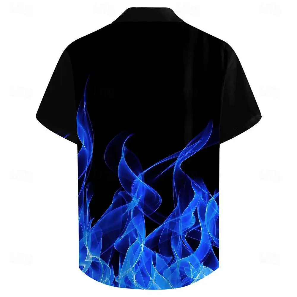 Back view of men's blue flame printed shirt – relaxed fit for vacation or party
