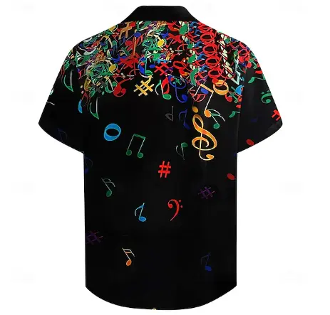 Back view of black musical notes shirt – casual short sleeve men’s top for holidays