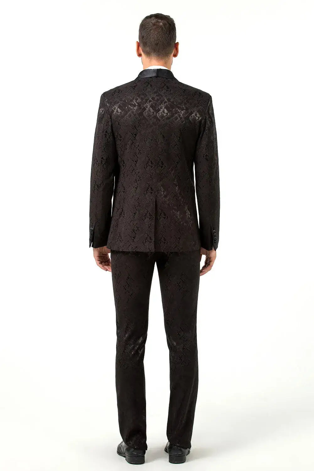 Back view of black snake jacquard 3 piece suit – bold and stylish party or prom attire