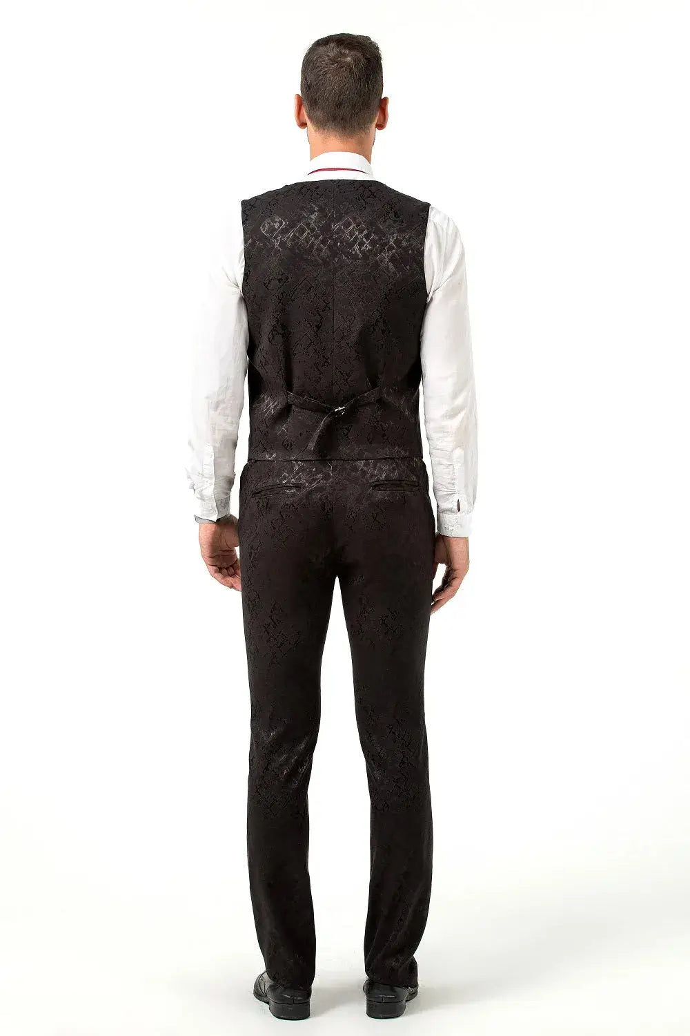Back view of black snake jacquard vest and trousers – sleek formal prom outfit without blazer