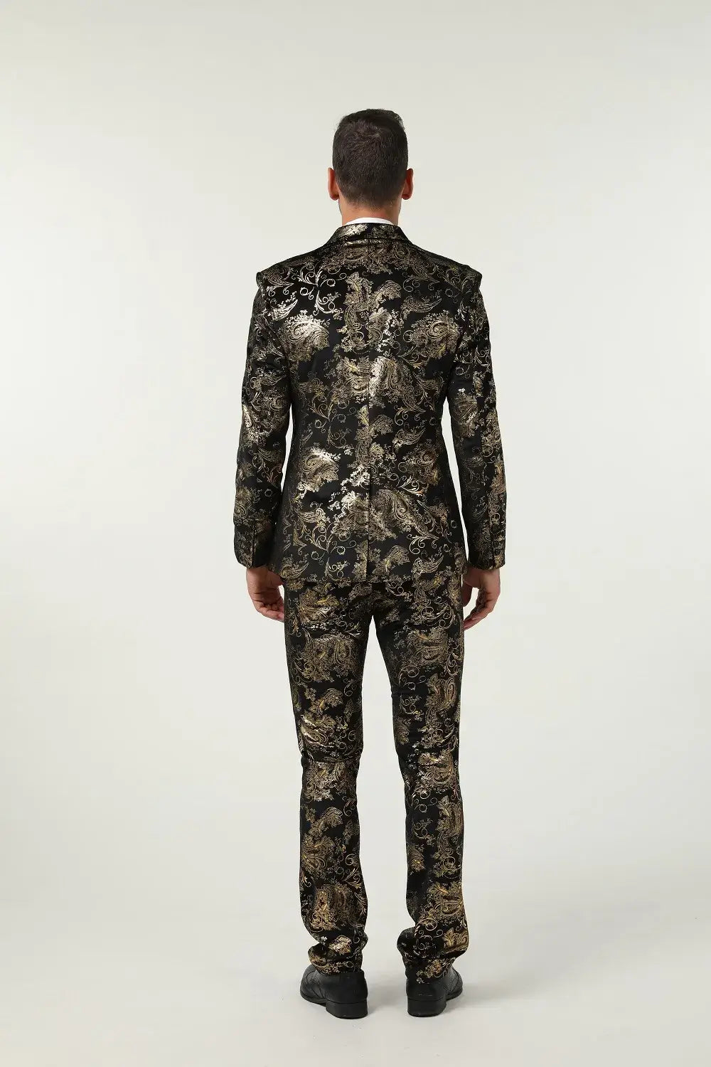Back view of men's gold floral suit 3 piece – eye-catching formalwear for special occasions