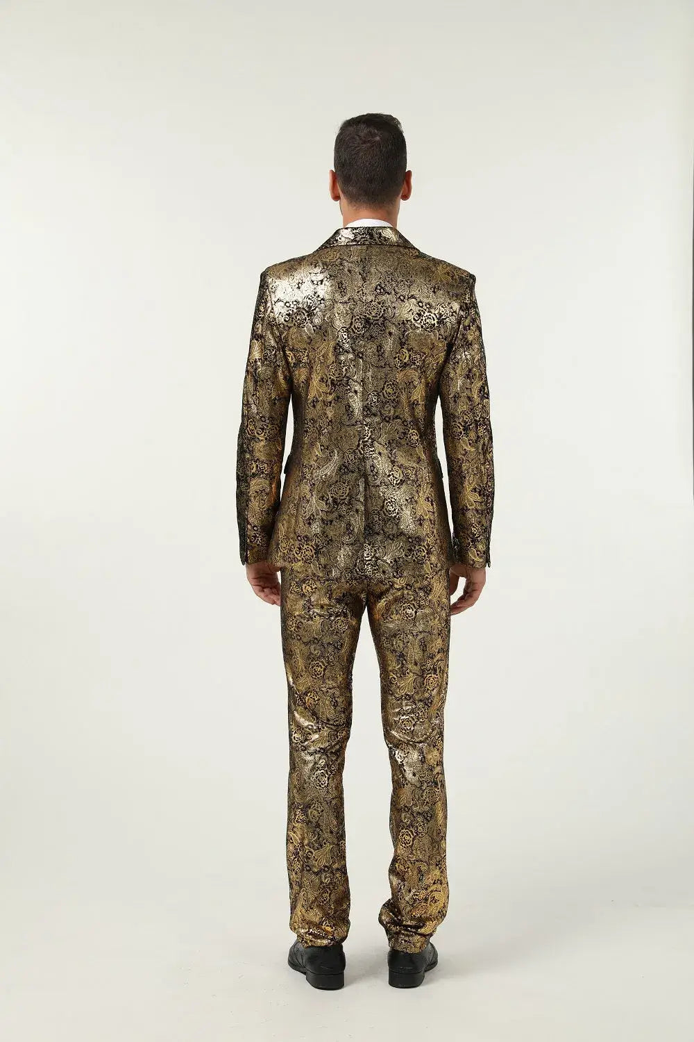 Back view of men's gold paisley velvet 3 piece suit – ornate floral brocade design in slim fit formal prom tuxedo style
