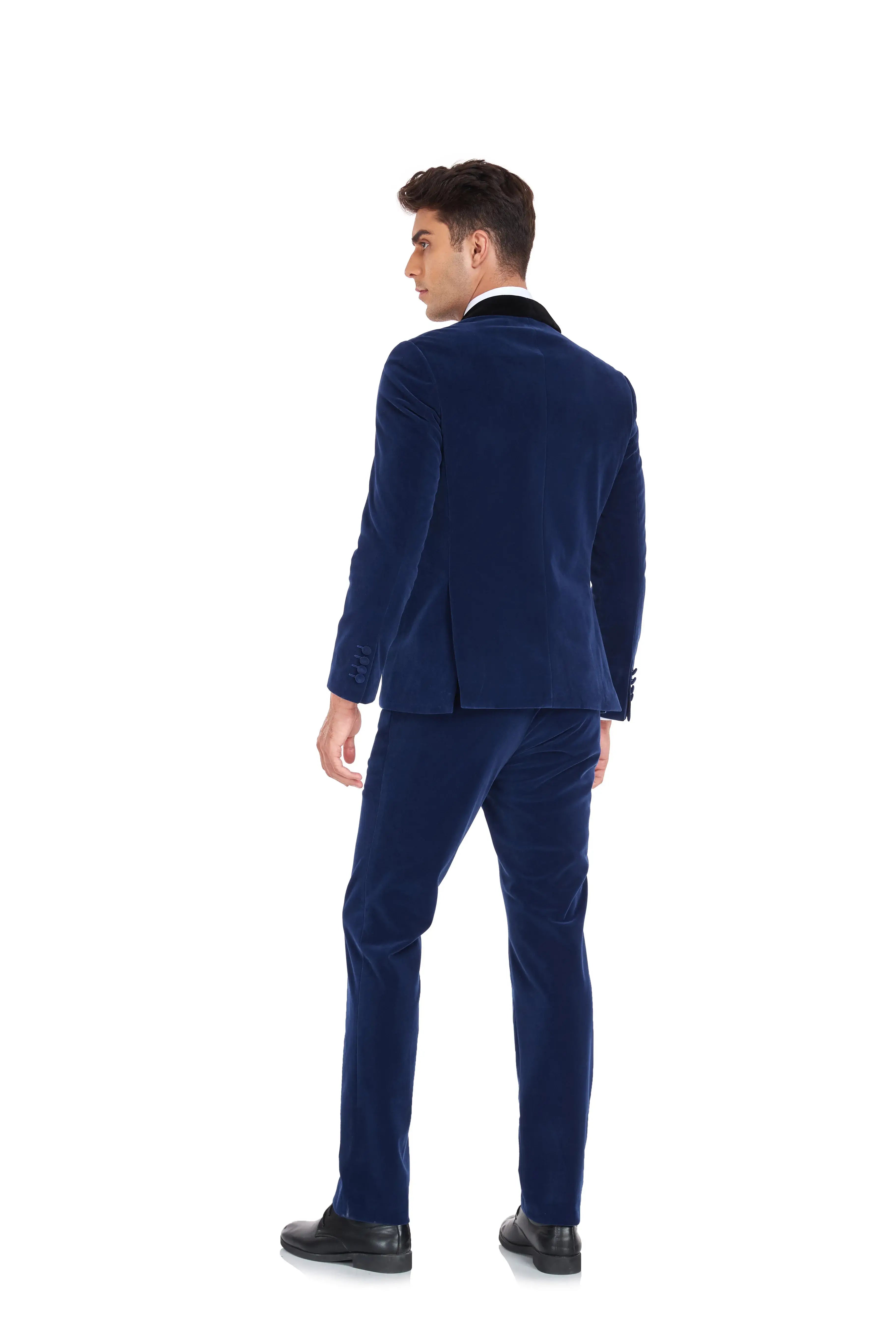 Back view of men's slim fit royal blue velvet 2 piece suit – tailored formal jacket and trousers design