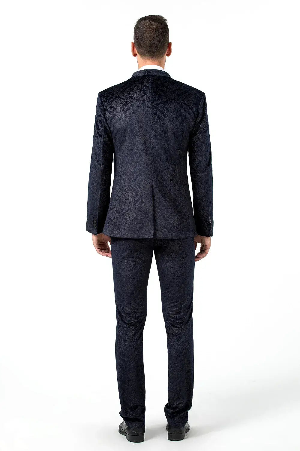 Back view of men's navy floral 3 piece prom suit – bold and sophisticated party outfit