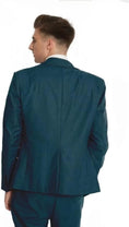 Load image into Gallery viewer, back view of teal men's 3 piece formal suit – tailored double-breasted vest and slim fit blazer design
