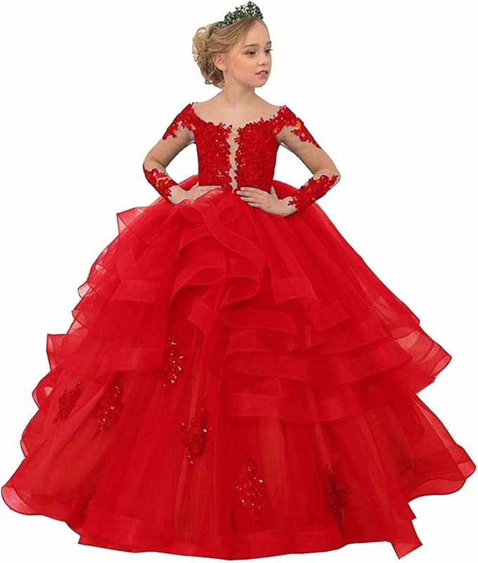 Long Sleeve Flower Girl Dresses Lace Applique Princess Ruffles Tulle Party Gown