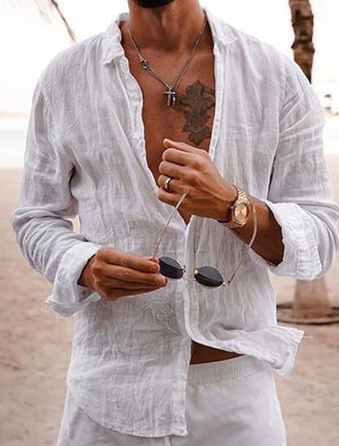 Men's white long sleeve linen shirt – perfect for summer holidays, beach days, and resort wear
