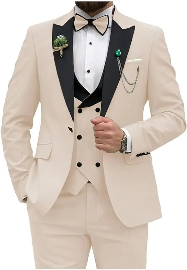 beige double breasted 3 piece suit with black lapel – front view
