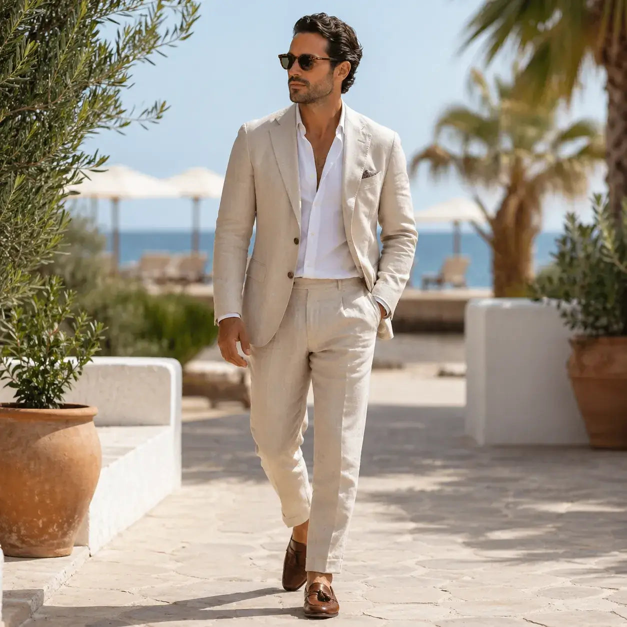 Men's beige linen suit styled with a white shirt and brown loafers for a summer outfit, beach wedding or resort event.