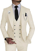 Load image into Gallery viewer, model wearing beige double-breasted vest and trousers from 3-piece men's suit – paired with white shirt and black tie for semi-formal style
