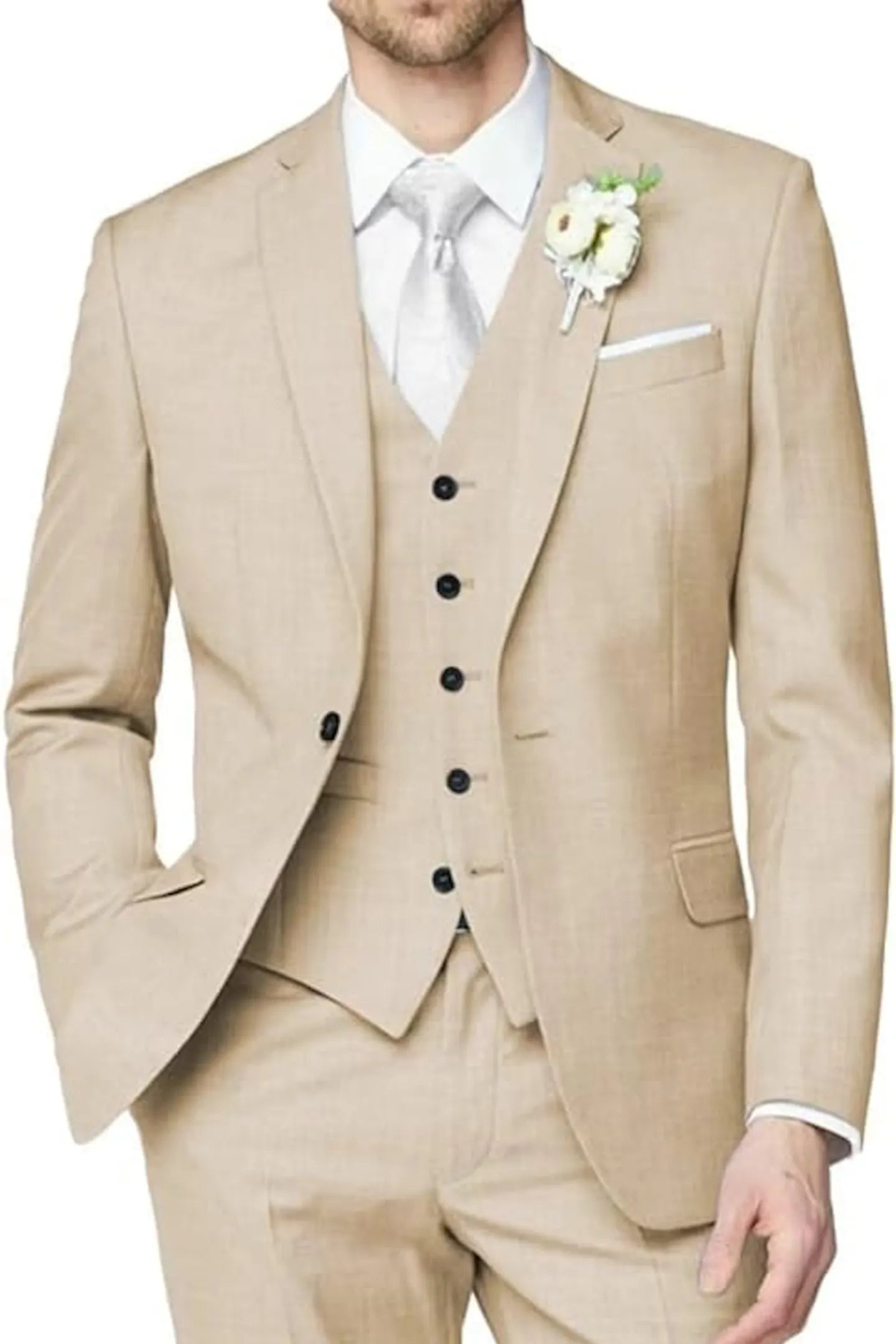 front view of beige wedding groomsmen 3 piece men's suit with blazer, vest, and trousers styled with white shirt and tie