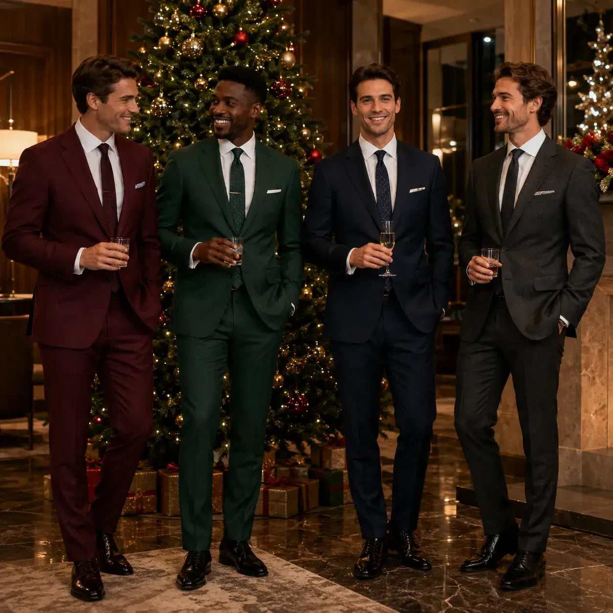Best Christmas suit colors for men featuring burgundy, forest green, navy, and charcoal suits in an elegant holiday setting.
