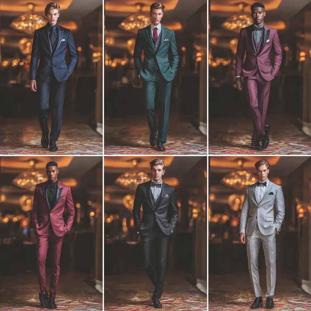 Collage showing six prom suit colors: black, navy, burgundy, emerald green, grey, and white.