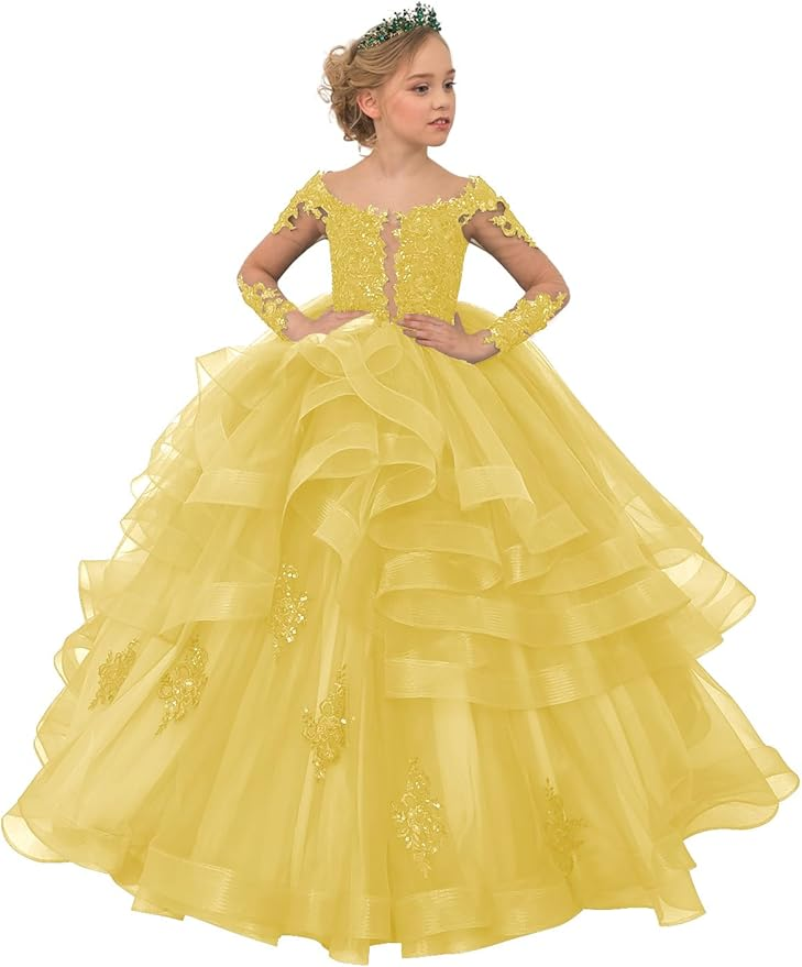 Long Sleeve Flower Girl Dresses Lace Applique Princess Ruffles Tulle Party Gown