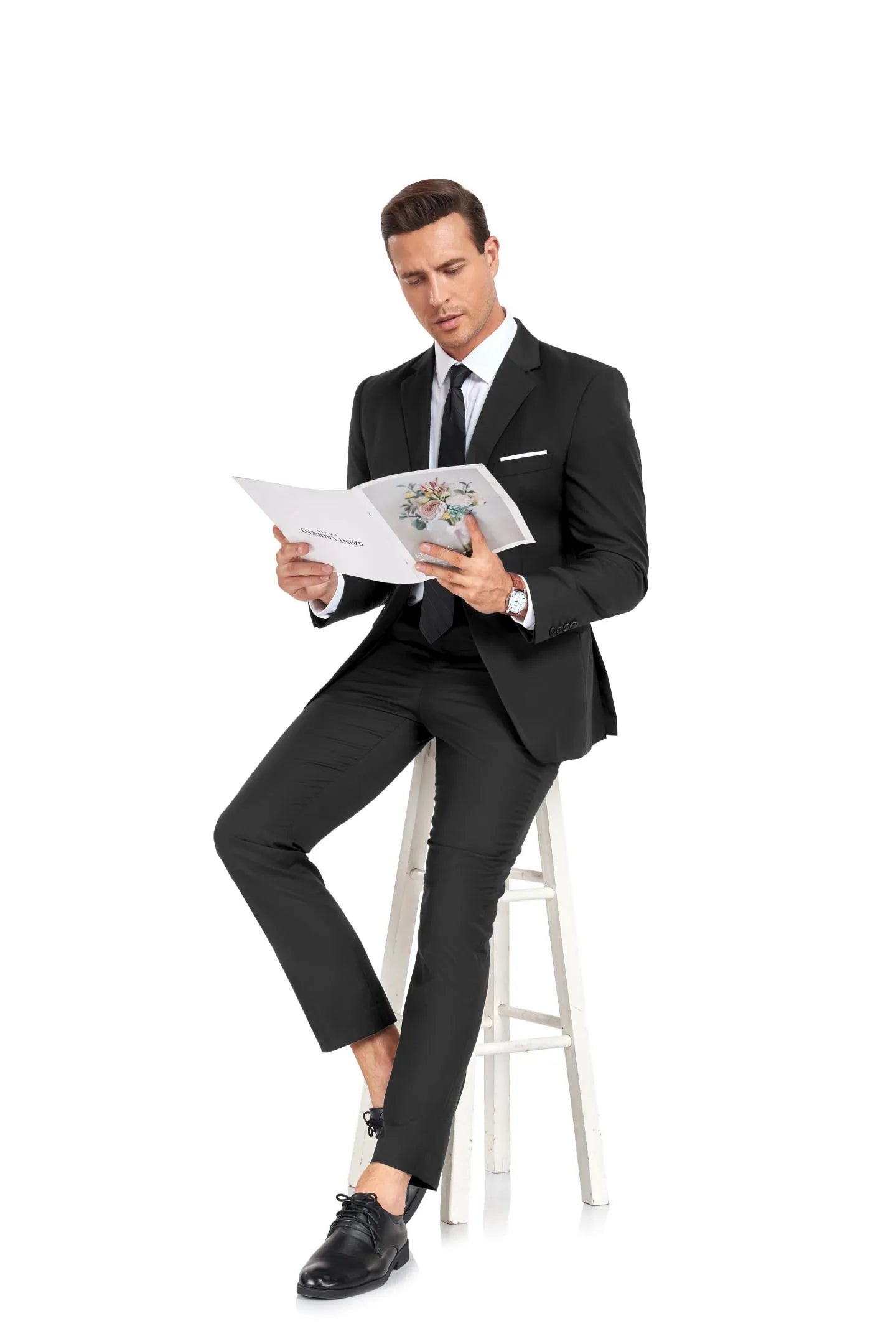 classic black blazer and pants set, two button 2 piece men's suit in timeless formalwear style