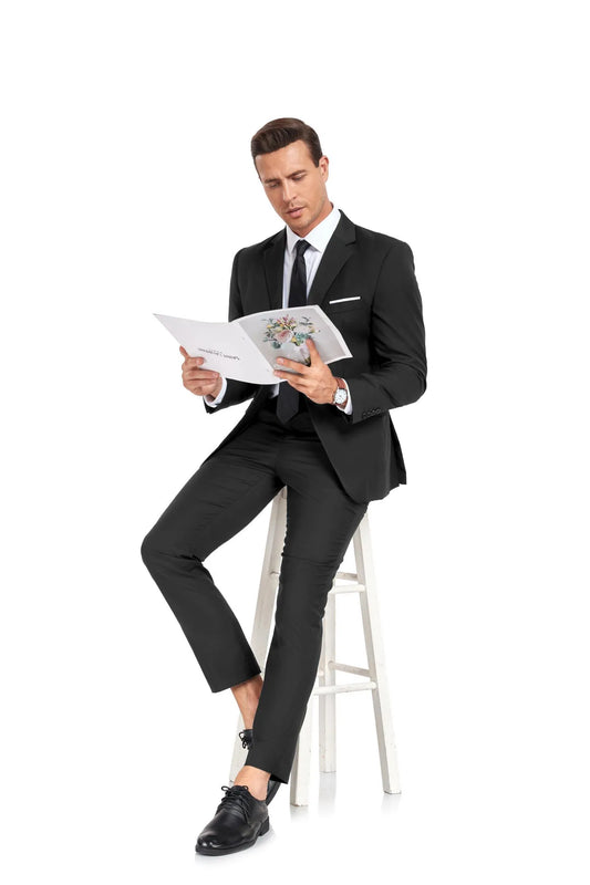 classic black blazer and pants set, two button 2 piece men's suit in timeless formalwear style