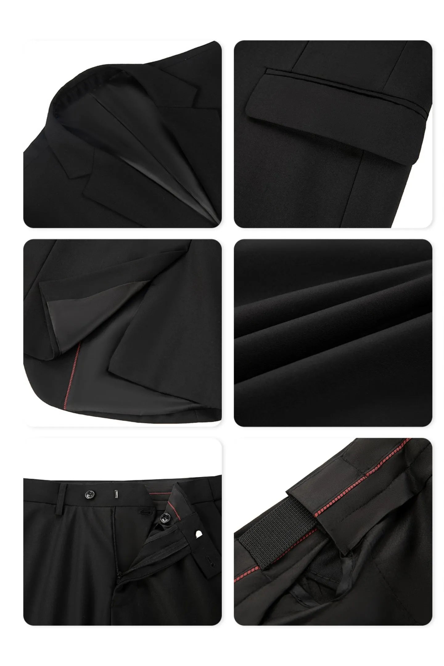 close-up of fabric and stitching on black two button 2 piece men's suit, refined formal detail